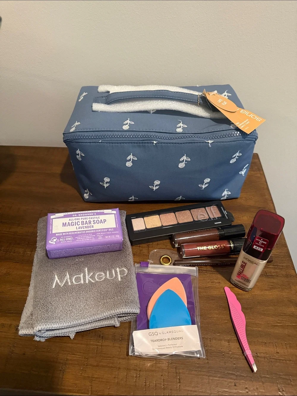 10 piece Beauty Bundle #1 Blue Floral Cosmetic Toiletry Bag -